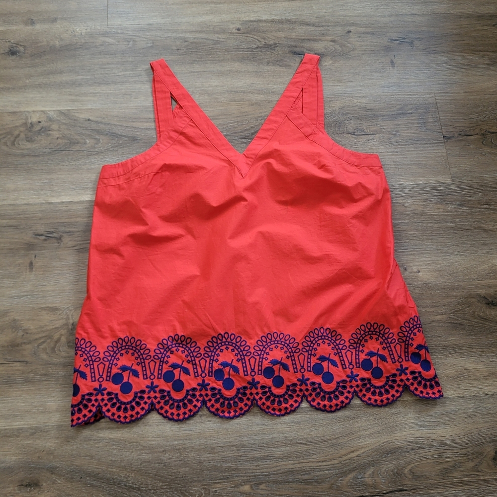 crown & ivy Red Tank Top with Blue Embroidery